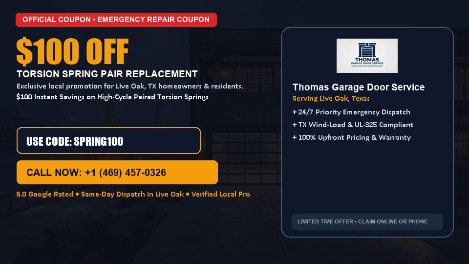 Thomas Garage Door Service $100 OFF Dual Torsion Spring Replacement in Live Oak, TX